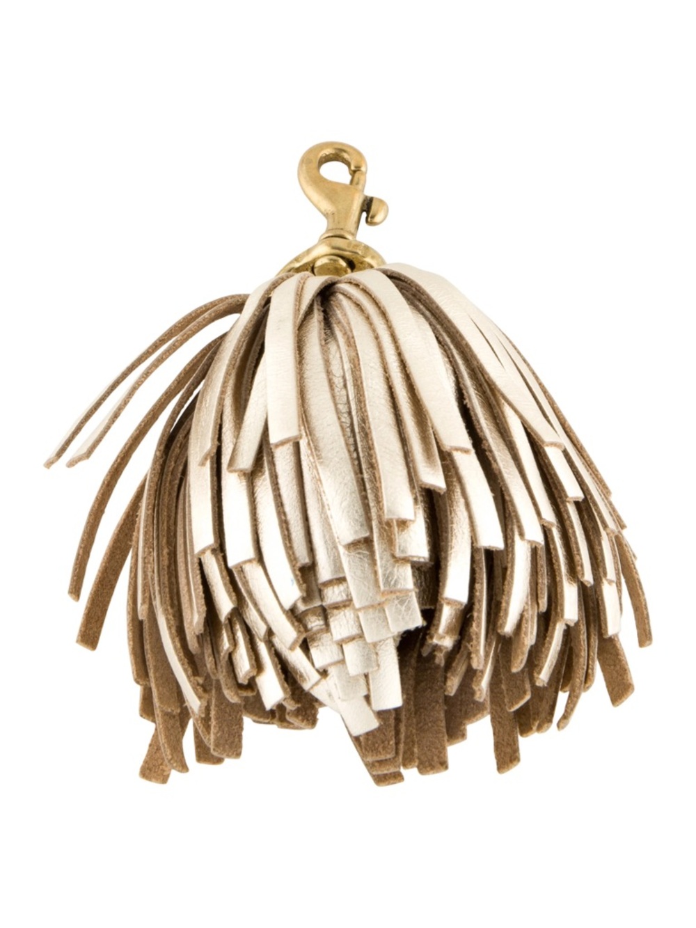 Clare V Leather Fringe pom pom Tassel Keychain Charm - Cream and Tan